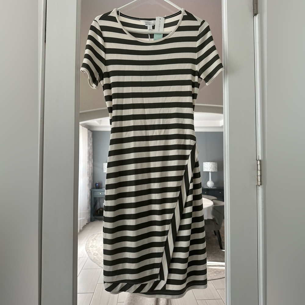 Market & Spruce Olive Green and Cream Striped Midi Dress